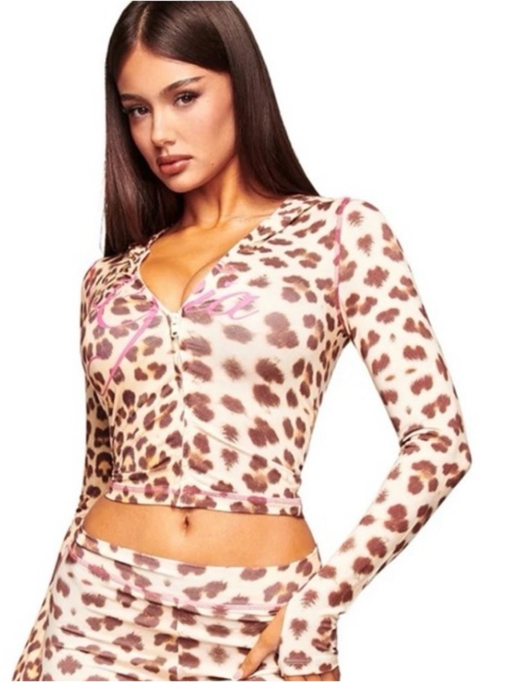 I.AM.GIA Leopard Zip Crop Top - Beige/Brown with Pink Logo